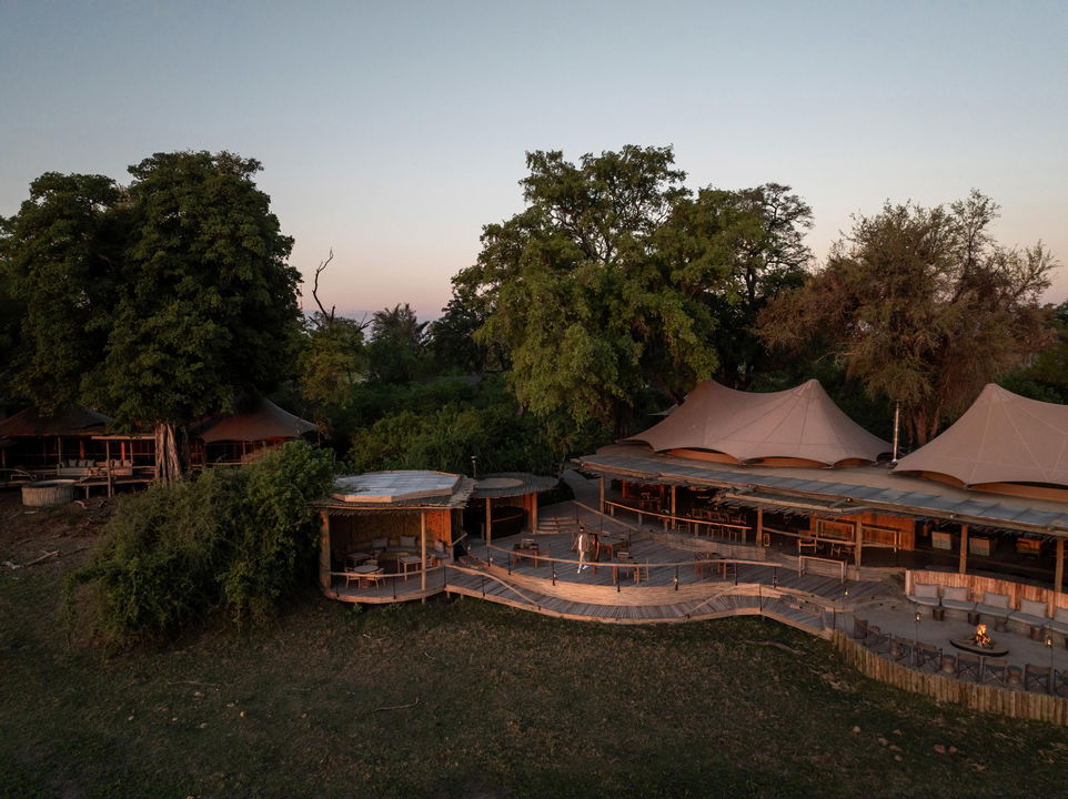 side aerial view of Wilderness Mombo Camp in Okavango delta