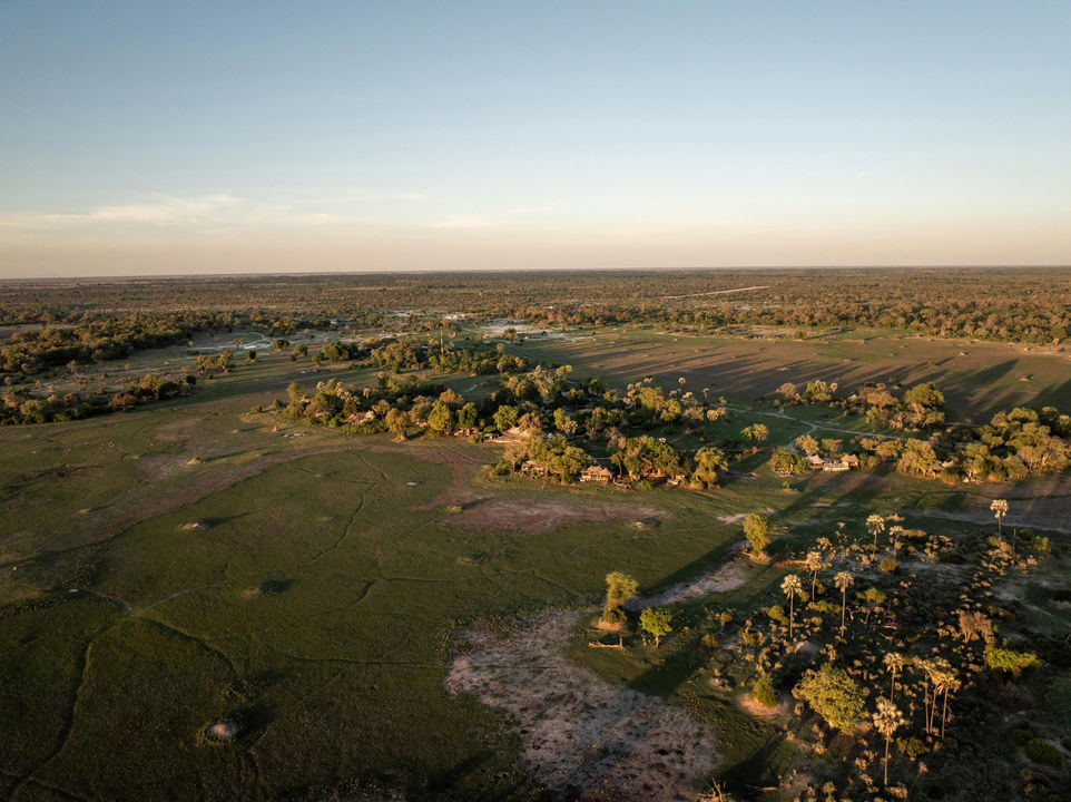 aerial view of Wilederness Mombo Camp in the Okavango delta