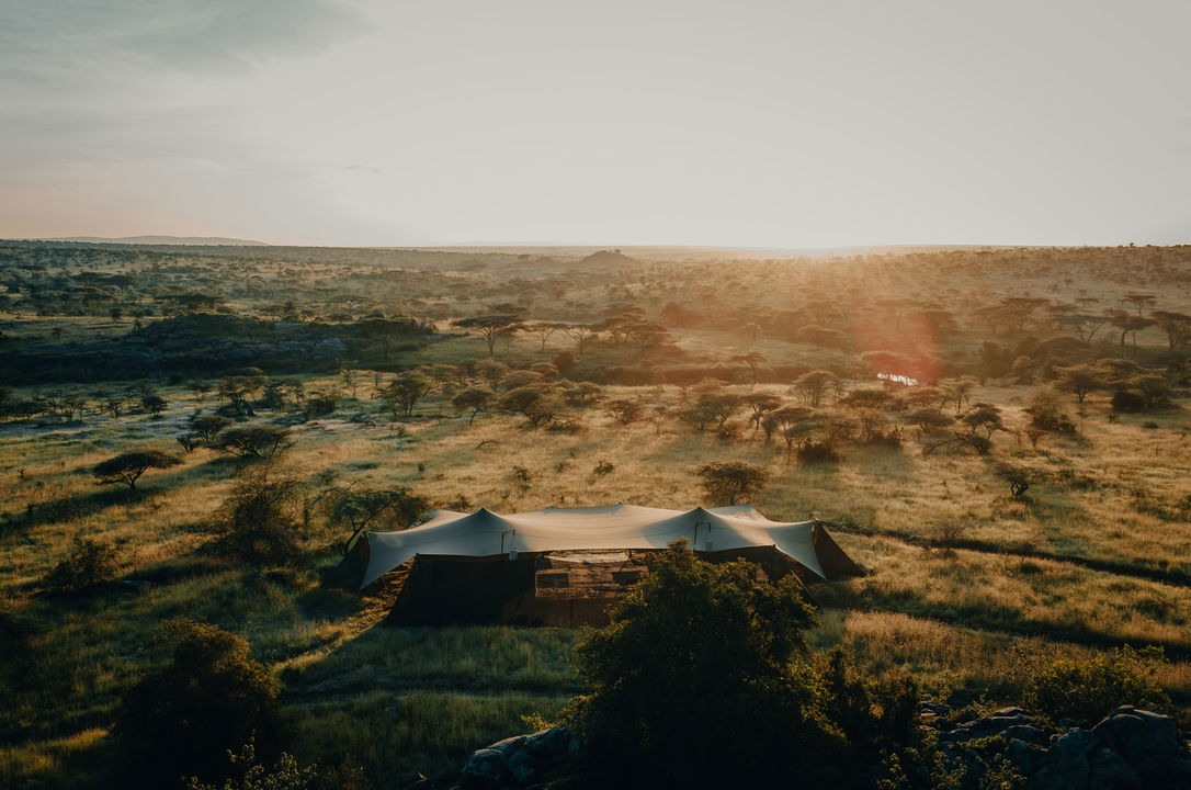 morning aerial view the family tent of Wilderness Usawa tented camp Serengeti
