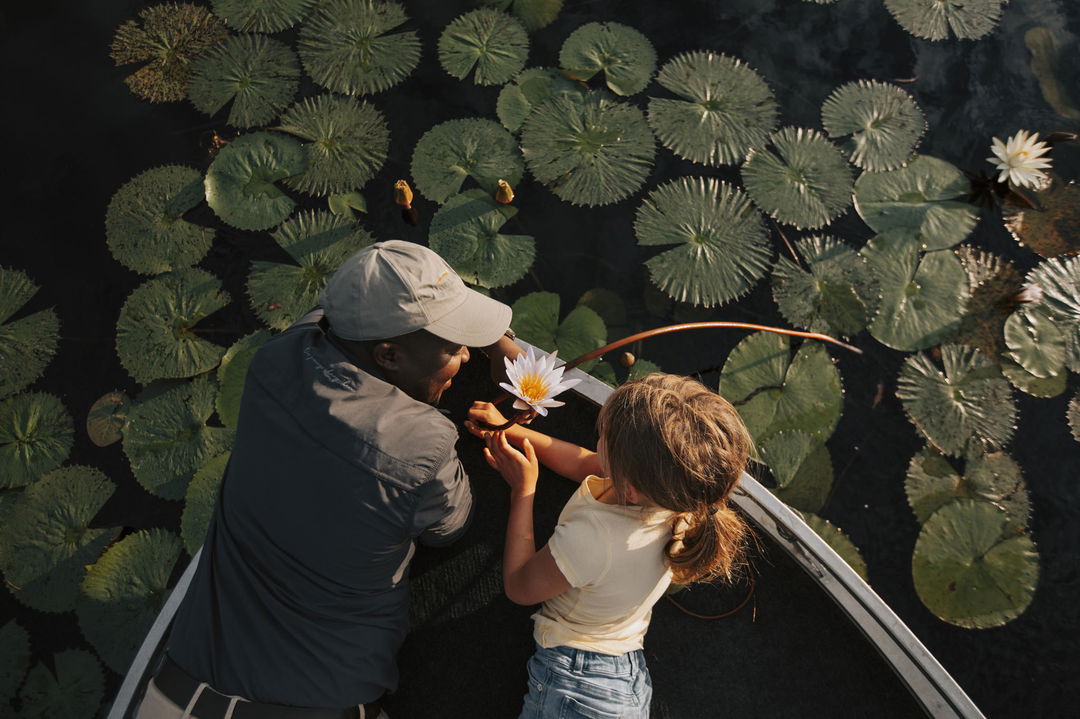 guide and child on water of delta looking at Lilly pad at Vumbura Plains Camp Wilderness Okavango Delta