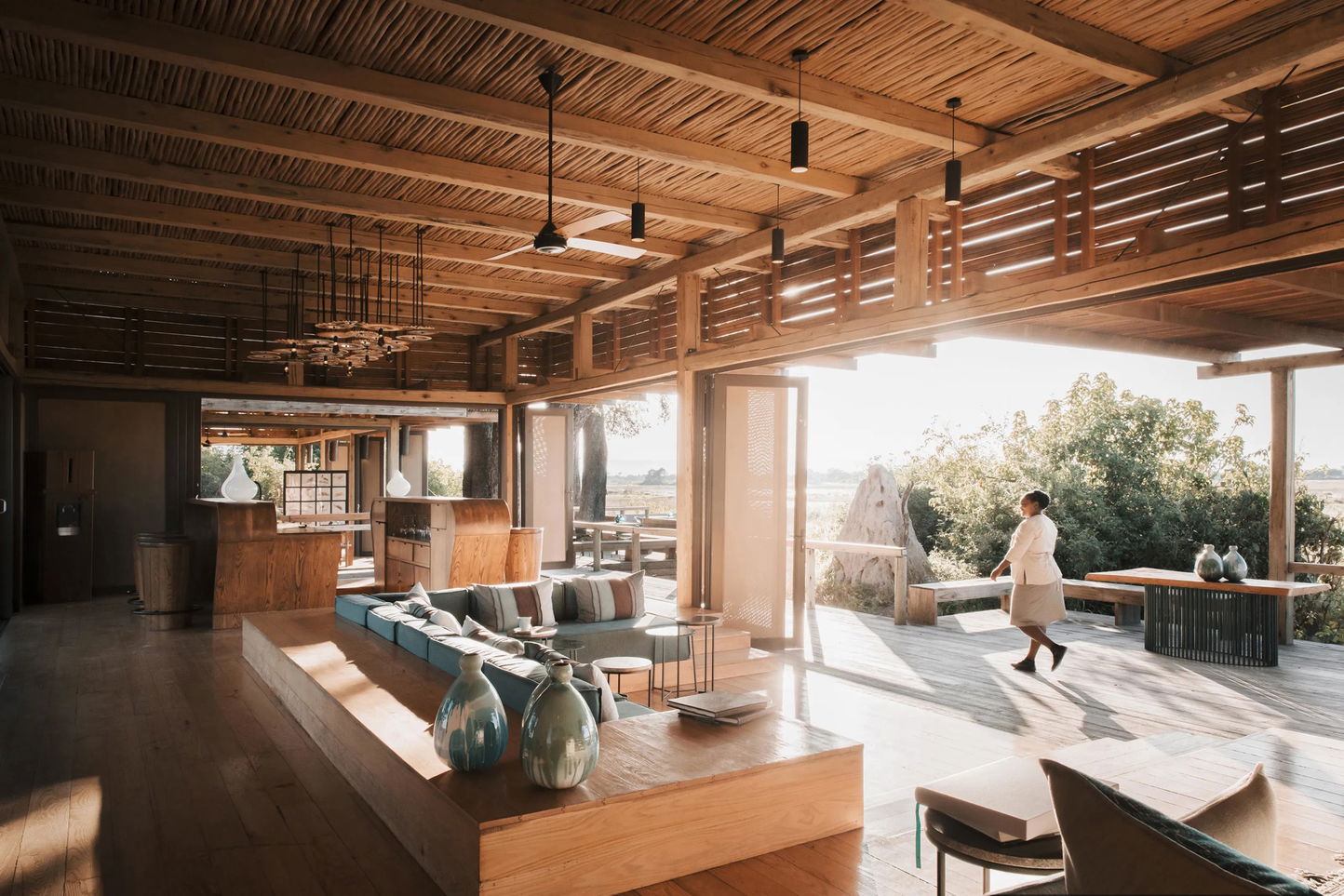 main viewing deck with staff member at Vumbura plains Okavango delta