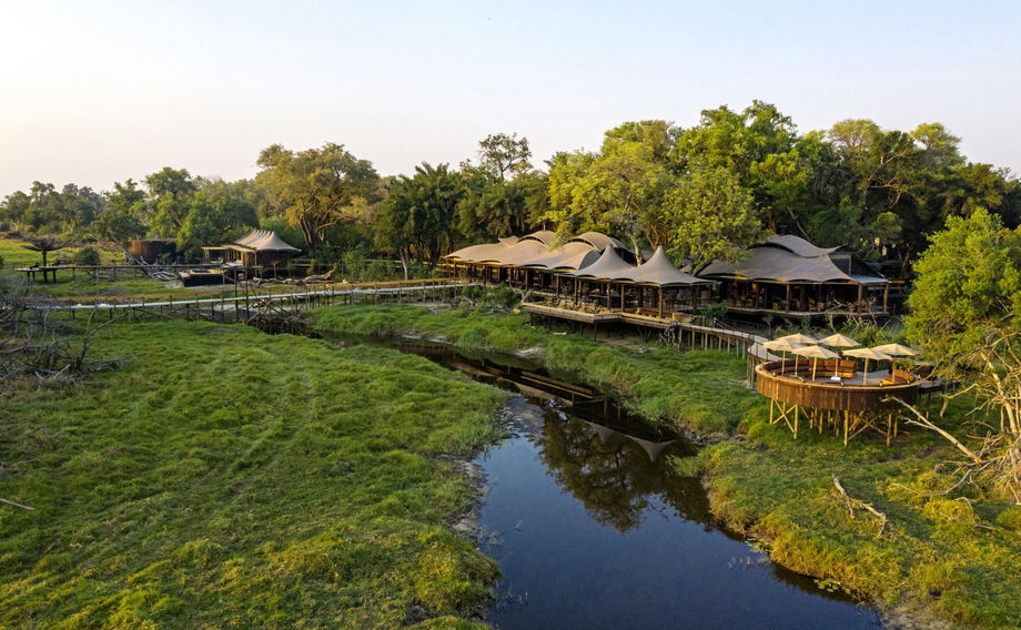 semi aerial view of main lodge at Xigera Lodge Botswana