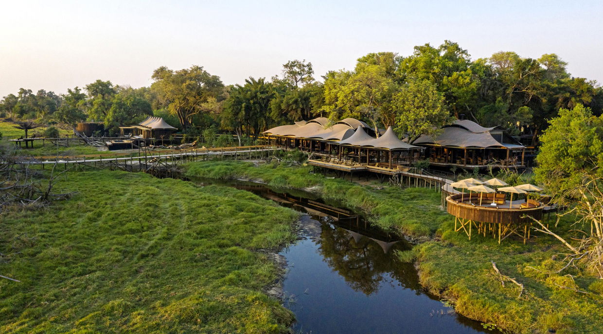 semi aerial view of main lodge at Xigera Lodge Botswana