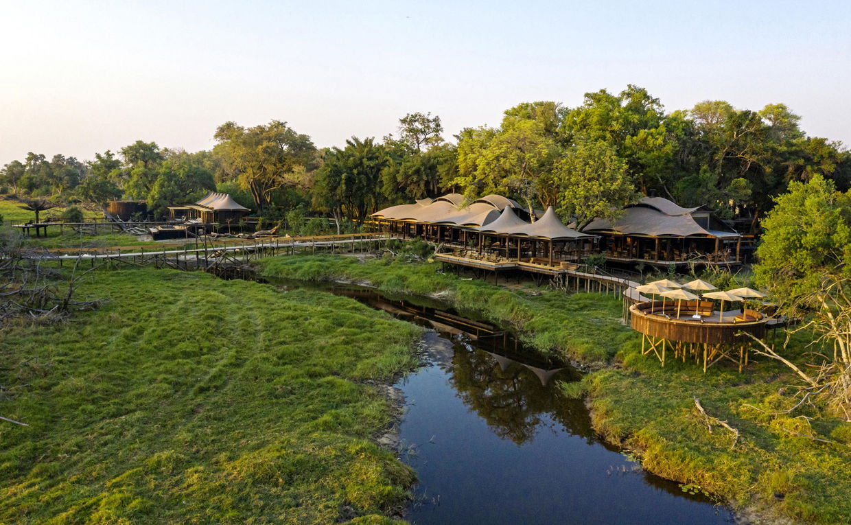 semi aerial view of main lodge at Xigera Lodge Botswana semi aerial view of main lodge at Xigera Lodge Botswana