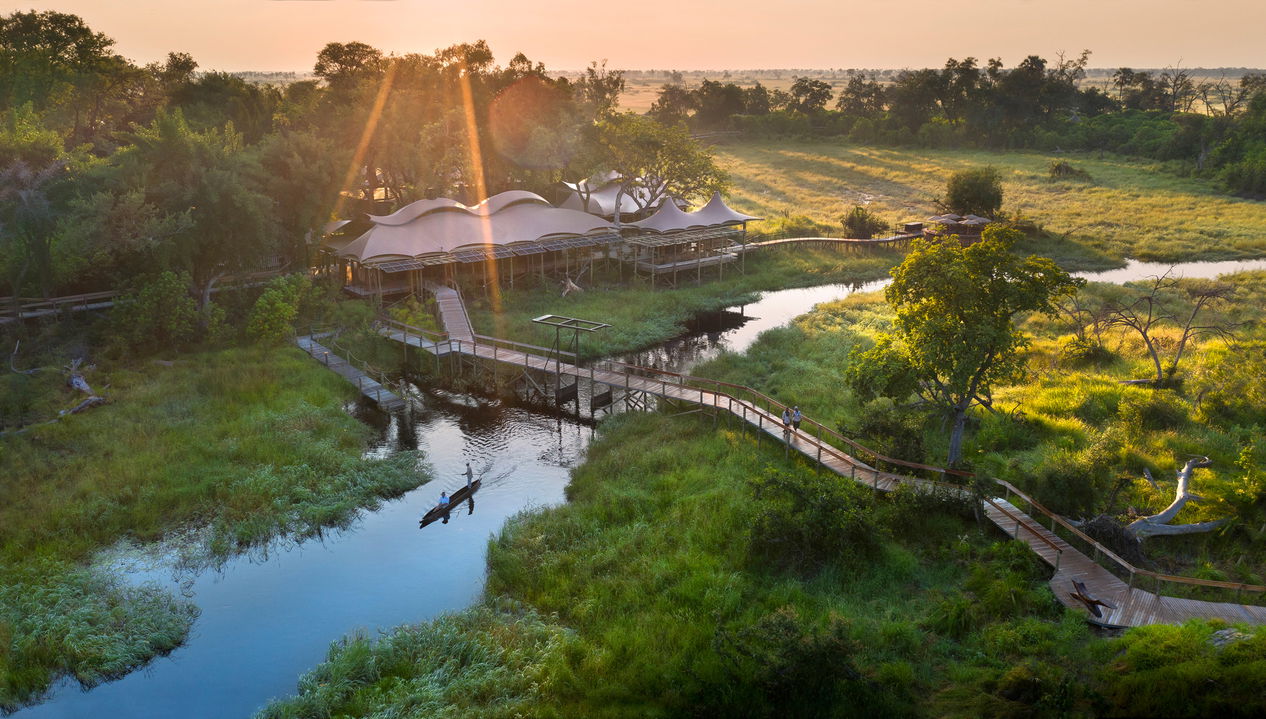 sunset aerial view of Xigera Lodge Botswana