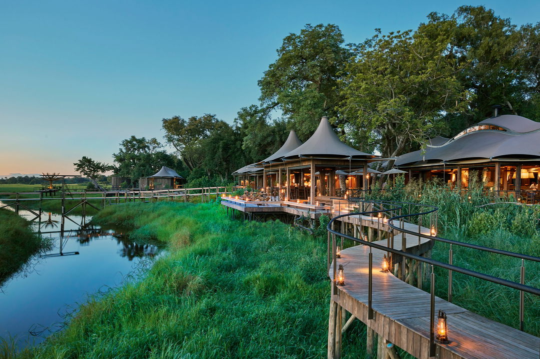 Xigera luxury safari lodge main area with decking over water in Okavango d
