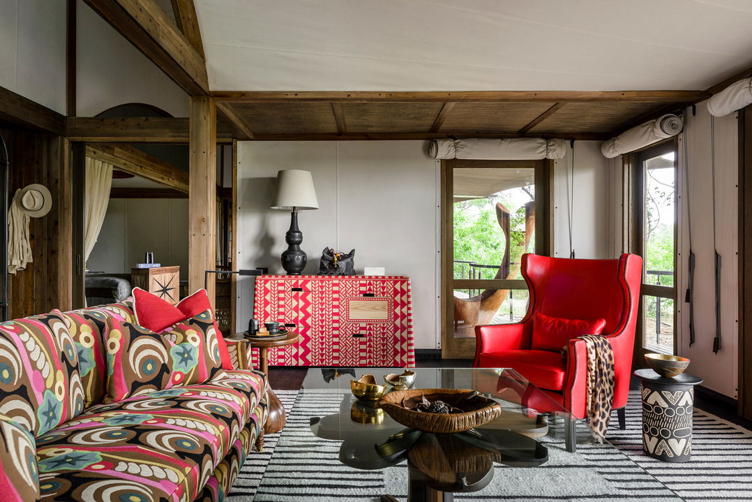 living area of the sausage tree suite at Xigera Lodge Botswana