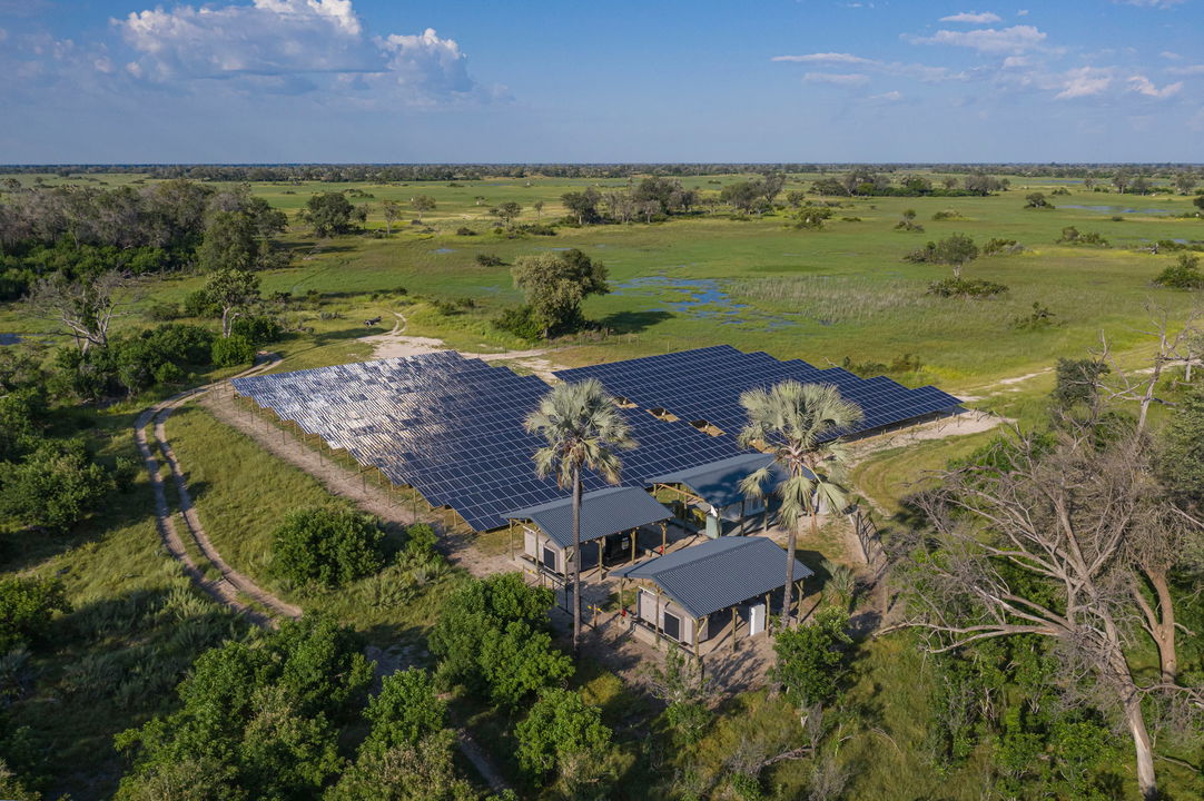 aerial view of the solar installations of Xigera Lodge Botswana