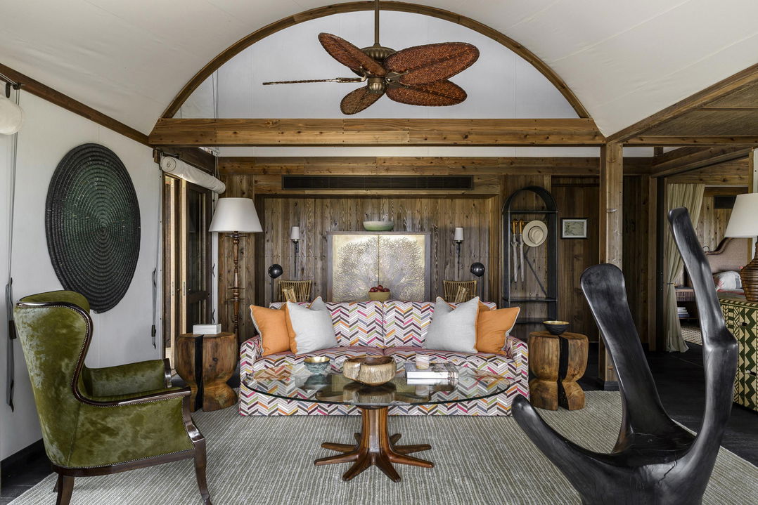 lounging areas in suite of Xigera Lodge Botswana