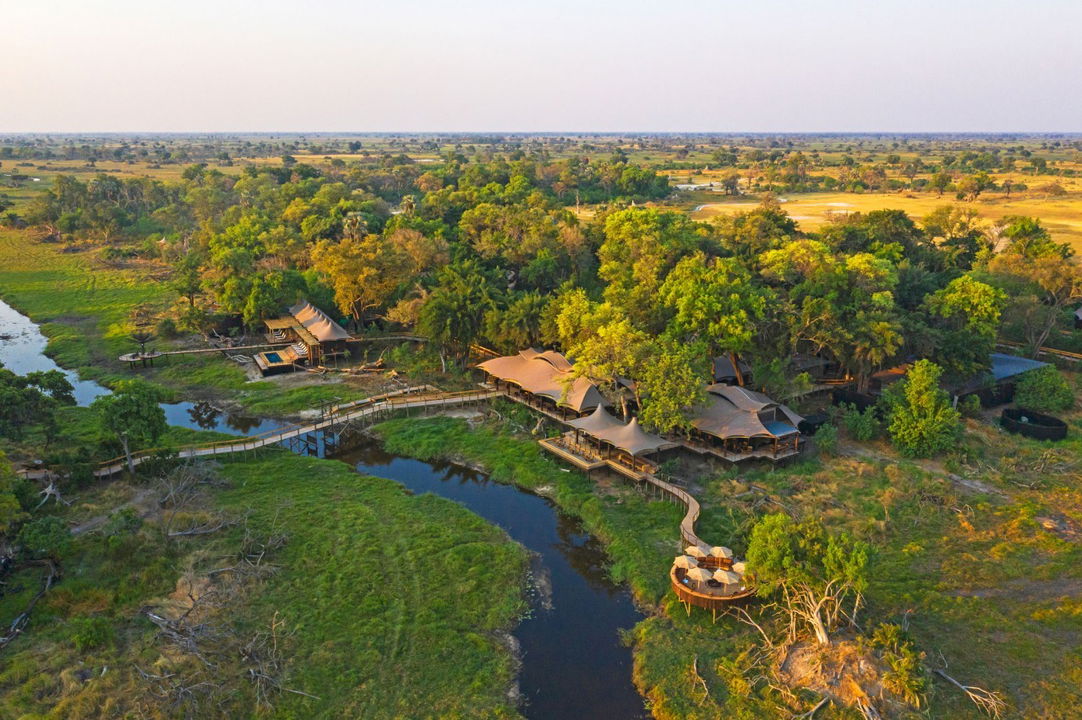 full aerial view of Xigera safari lodge Okavango Delta Bostwana