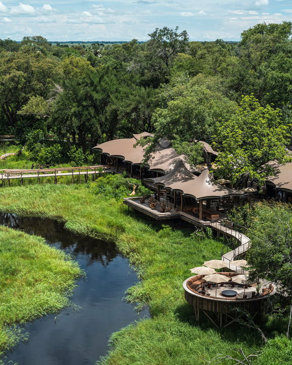 aerial drone shot of Xigera safari lodge Okavango Delta Bostwana