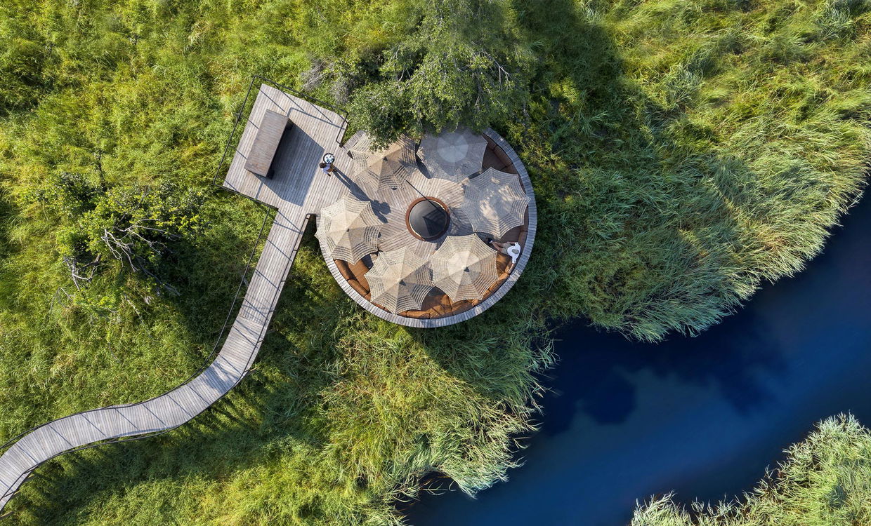 aerial view of the viewing deck at Xigera lodge Botswana