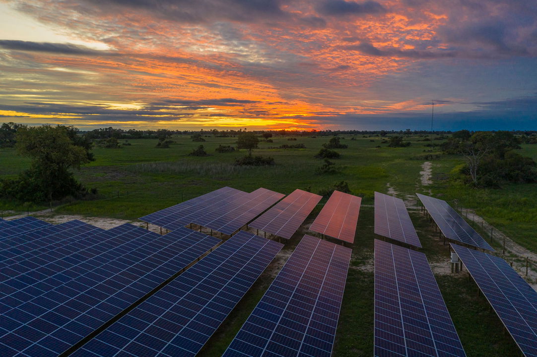 solar installations in sunset at Xigera safari lodge Okavango Delta Bostwana