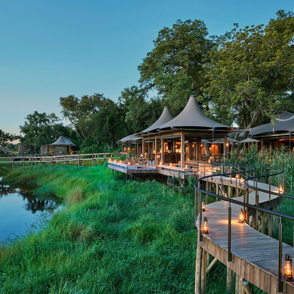 Xigera luxury safari lodge main area with decking over water in Okavango delta