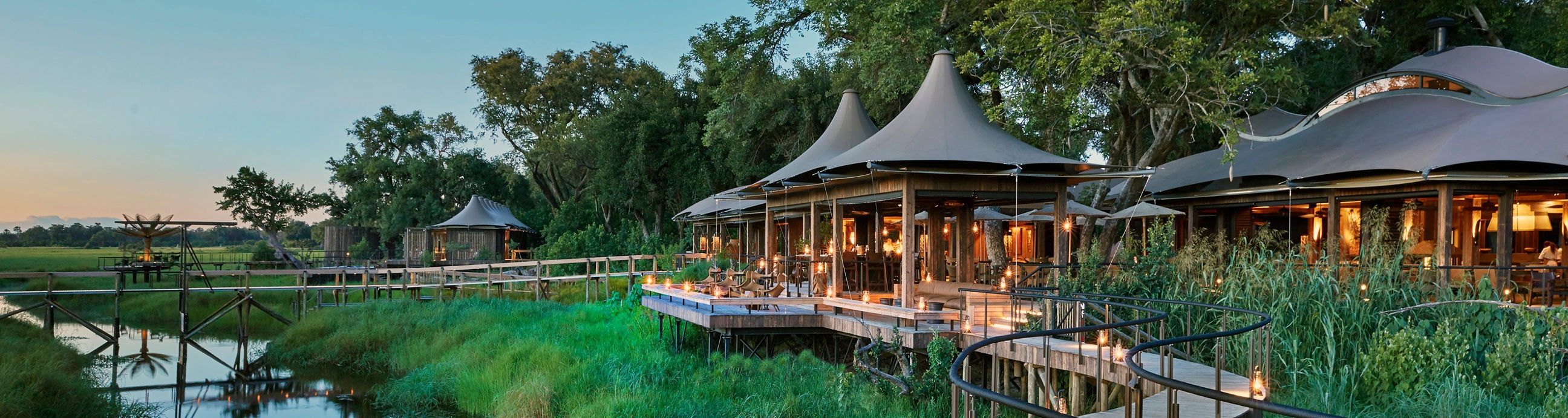 Xigera luxury safari lodge main area with decking over water in Okavango delta