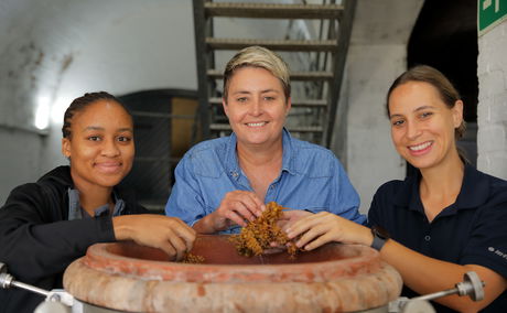 Winemaker Debbie Thompson and team at Le Grand Domaine wines following the recent harvest (image: supplied)