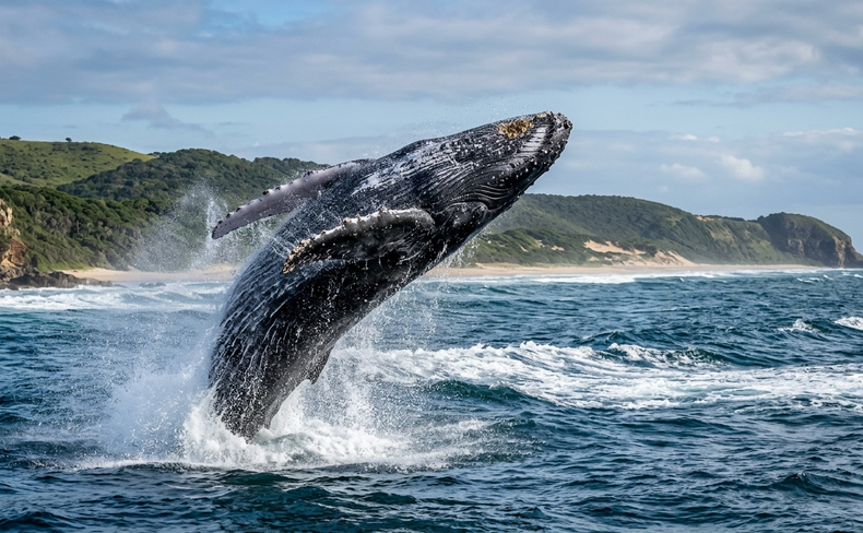 A humpback whale breaching off Sodwana Bay A humpback whale breaching off Sodwana Bay