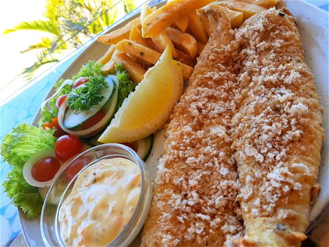 Crumbed hake and chips Dinner