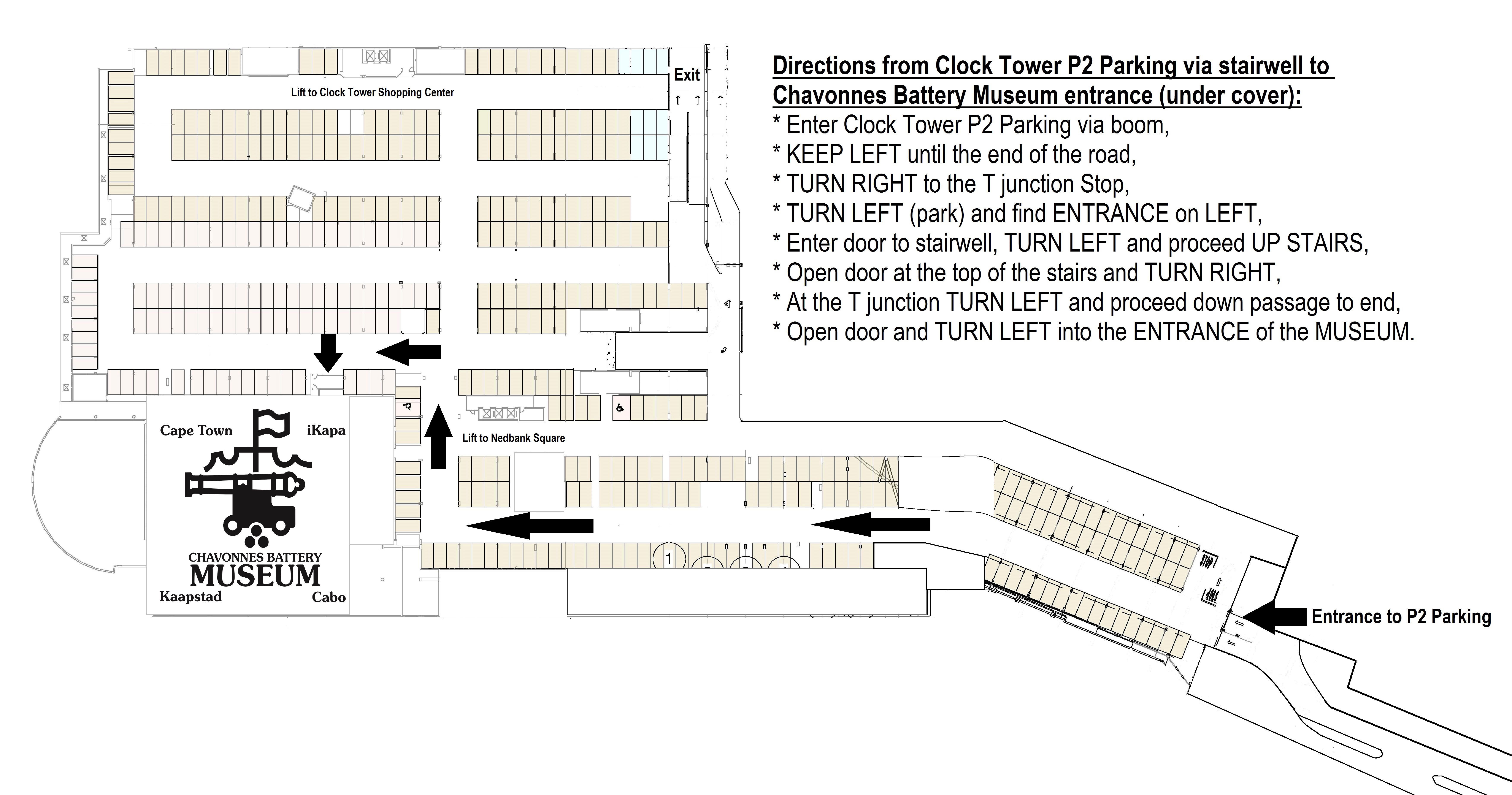 Directions, Clock Tower Parking, Chavonnes Battery Museum, Undercover Parking