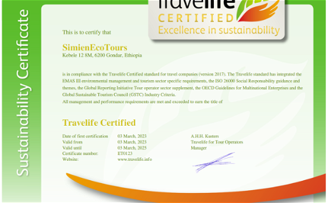 SimienEcoTours sustainability certification Travelife