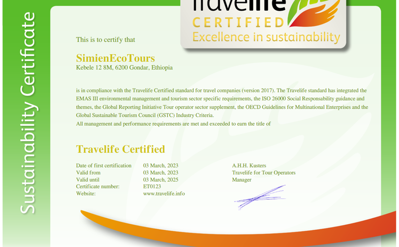 SimienEcoTours sustainability certification Travelife SimienEcoTours sustainability certification Travelife