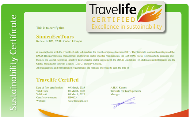 SimienEcoTours sustainability certification Travelife SimienEcoTours sustainability certification Travelife