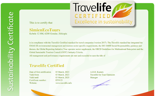 SimienEcoTours sustainability certification Travelife