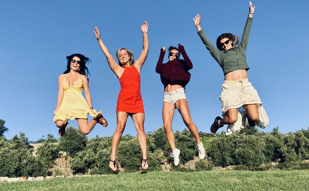 Fun wine tasting and jumping with joy Fun wine tasting and jumping with joy